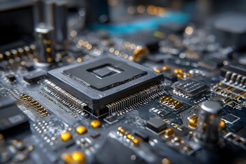 Close up view of a computer motherboard with electronic components