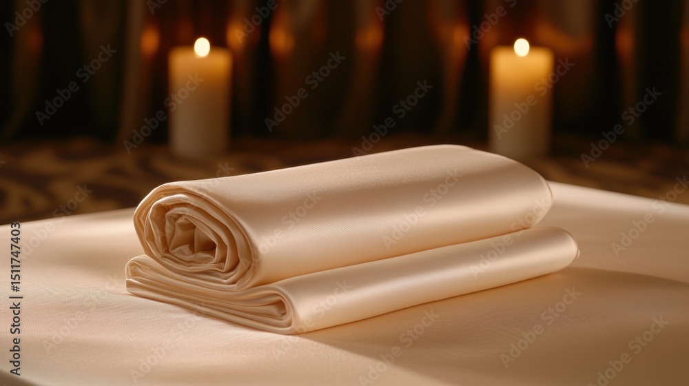 Aufkleber a table setting with two lit candles and folded napkins.