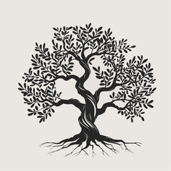 Obraz premium A detailed black-and-white illustration of an olive tree with twisted branches and extensive roots. Perfect for nature-inspired designs, logos, or tattoos, symbolizing strength and longevity.