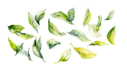 Watercolor painting of scattered, vibrant green and yellow leaves, varying in size and orientation, exhibiting a loose, painterly style against a black background