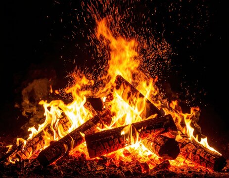 Blazing campfire with bright orange flames and flying sparks against dark night sky with glowing embers and burning logs