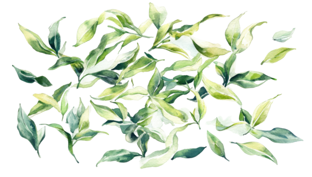 Watercolor painting of a cluster of variegated leaves, predominantly green and white, with hints of yellow, showing varying shapes and levels of detail in a loose, painterly style