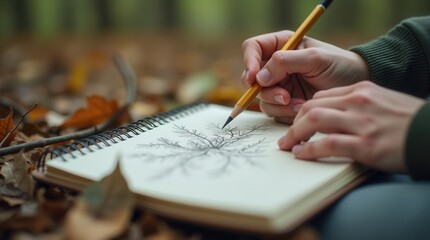 Close-up of hands sketching tree in autumn forest on spiral notebook
