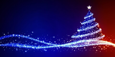 Blue Abstract Christmas Tree With Sparkling Stars And Swirls, On A Blue And Red Gradient Background.