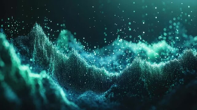 Abstract digital landscape of swirling, textured mountains.  A dynamic display of data points creating a visual representation of complex information