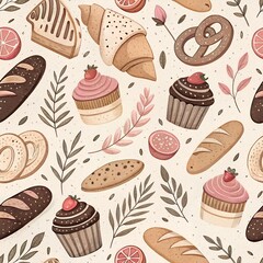 Seamless Bakery Items Pattern – Pastry and Dessert Design in Beige, Pink, and Cocoa

