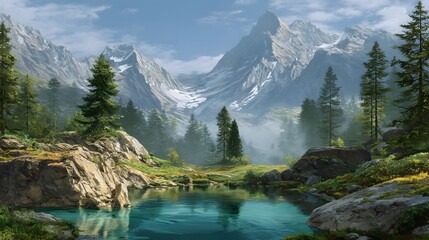 Majestic mountain lake surrounded by pine forests