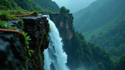 Fototapeta premium Beautiful waterfall in the rain, with a lush green and brown color scheme
