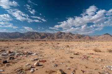 Desert Landscape Littered with Plastic Waste near Mountains under Cloudy Sky