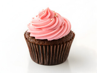 closeup of one chocolate cupcake with pink icing or topping frosting isolated on white on white background homemade decorated muffin sugar snack dessert food baked sweet pastry treat yummy  59237982 1