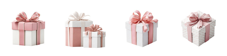 Obraz premium Chic, elegant gift boxes adorned with soft pink ribbons in various sizes and designs, perfect for celebrations and special occasions.