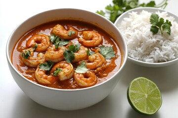 Spicy shrimp curry served with fluffy white rice, garnished with cilantro.