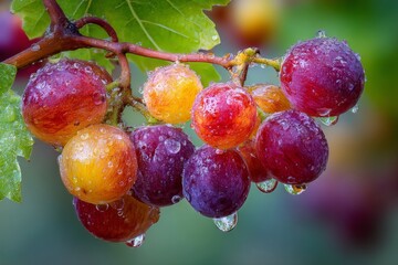 Ripe Grapes on the Vine Covered with Water Droplets in Orchard