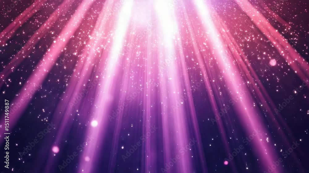 Poster bright rays of light falling from above, in pink and purple tones with shimmering particles, creatin