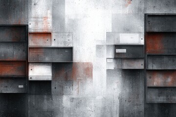 Abstract illustration of textured concrete wall with geometric shelves in gray and orange tones, creating a modern and industrial aesthetic for design purposes