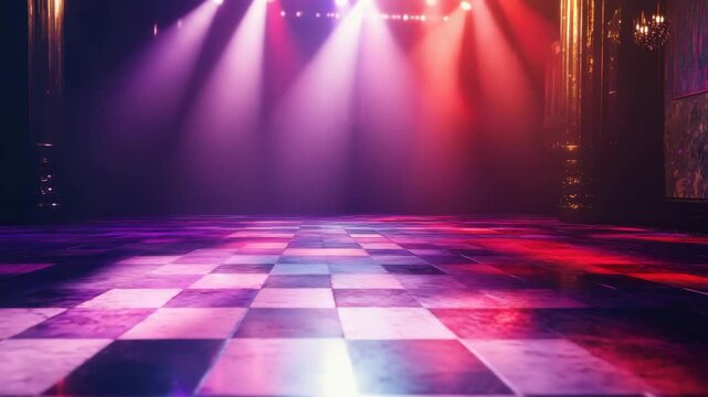 A disco dance floor with a checkered pattern, illuminated by bright purple and red spotlights, creating a party atmosphere
