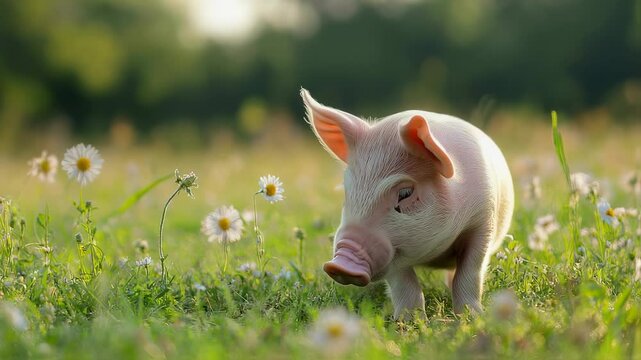 Delightful piglet frolicking amidst the flourishing meadow of daisy blossoms
