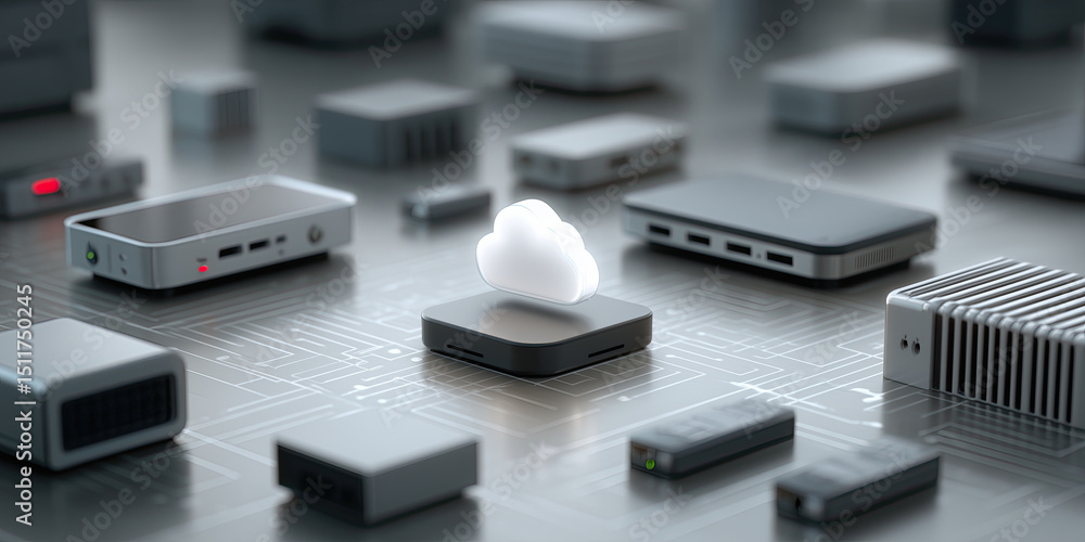Poster cloud icon on cube server in data center, surrounded by electronic devices, futuristic technology
