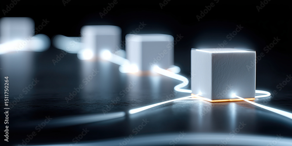 Poster white glowing blockchain cube server connected by illuminated lines, futuristic network data concept
