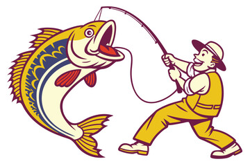 Naklejka premium Cartoon fisherman with exaggerated fish catch illustration