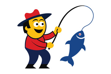 Cartoon fisherman with exaggerated fish catch illustration