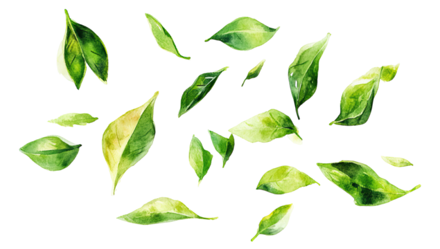 A watercolor illustration of numerous vibrant green and yellow-tinged leaves scattered against a black background, suggesting movement and lightness