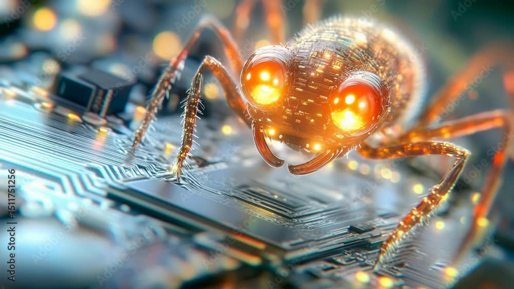 Poster futuristic circuit board with glowing robot insect featuring neon lights and technology elements.