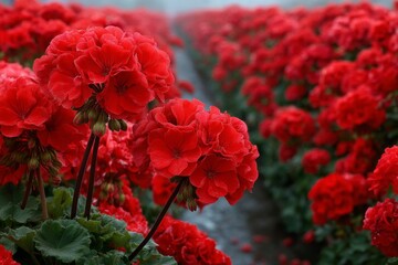 Field of Red Geranium Flowers Blooming with Green Foliage in Spring