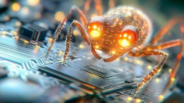 Futuristic circuit board with glowing robot insect featuring neon lights and technology elements.