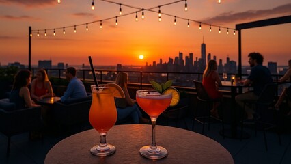 Vibrant Cocktails on Rooftop Bar Table Overlooking City Skyline at Sunset.Rooftop Bar Scene: Two Drinks with Cityscape and Golden Sunset Background
