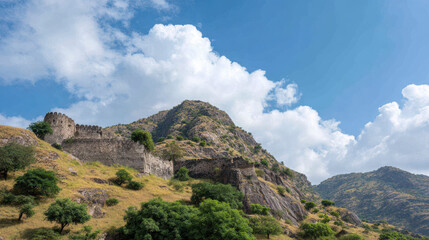 Naklejka premium breathtaking view of ancient fortress standing majestically on hilltop surrounded by lush greenery and clear blue