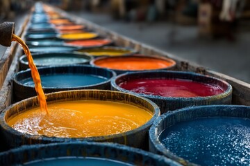Colorful Dye Pours Into Industrial Containers with Liquid Colors Row