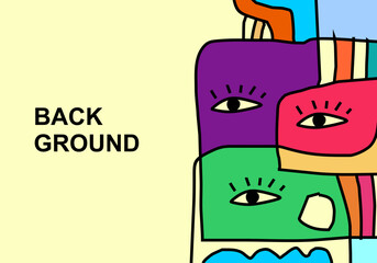 A modern abstract cubist illustration featuring stylized human faces with expressive eyes