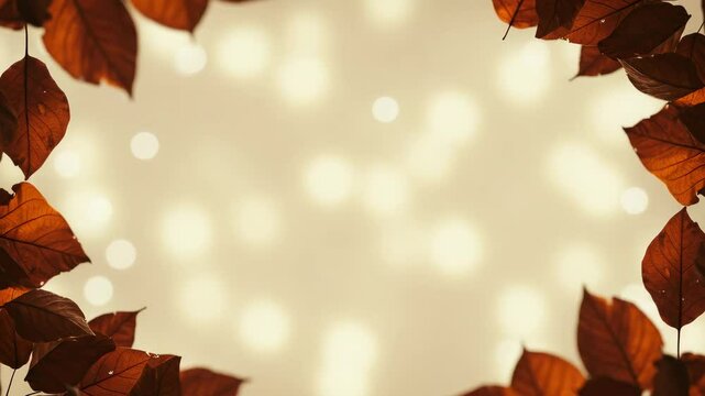 Golden light softly glows behind border made with vibrant, autumnal leaves arranged at the corners of scene.
