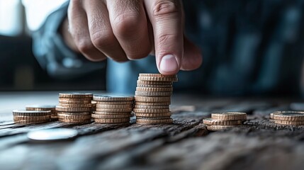 A hand is balancing a stack of coins on a wooden surface. The image symbolizes financial stability and careful money management.