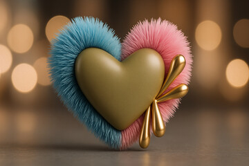 Vibrant 3D Abstract Heart Shape with Fluffy Texture and Gold Droplets on Soft Bokeh Background – Modern Digital Art Design