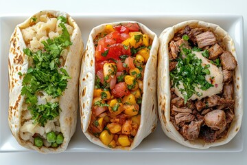 Three delicious tacos with different fillings: mashed potatoes, corn salsa, and seasoned meat.