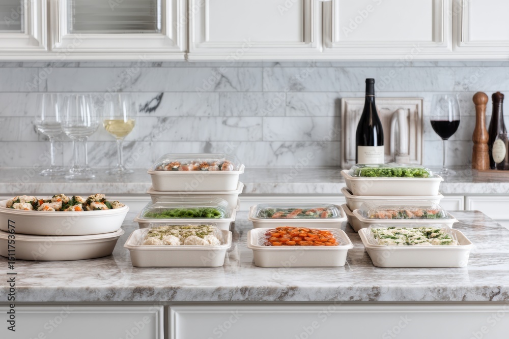 Aufkleber organized kitchen counter with prepared frozen entrees arranged in neat rows under soft light