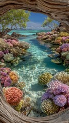 Vibrant Coral Reef Scene Viewed Through Driftwood Frame  Tropical Ocean Paradise
