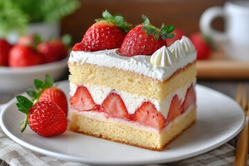 A slice of strawberry shortcake with whipped cream and fresh strawberries sits on a white plate, ready to enjoy.
