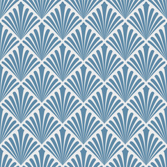 Blue Art Deco Fan Seamless Pattern Wallpaper Design. Geometric decorative with abstract elements. Retro background.