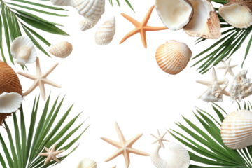 Seashells, starfish, and palm fronds arranged in a circular frame against a black background, leaving a central empty space