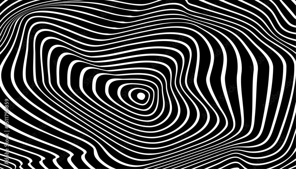 Fototapete 3d optical illusion. psychedelic black and white striped circles line pattern. abstract geometric wa