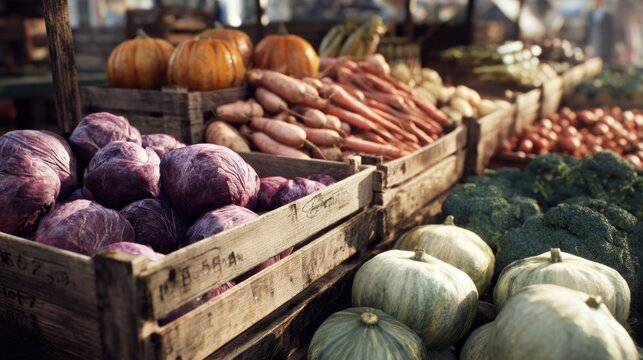 Vegetables and pumpkins displayed in wooden crates at a market stall.