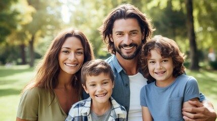 Fototapeta premium A cheerful family of four, including a son and daughter, smiles happily at the camera. They're standing on green grass in a sunny park, enjoying a beautiful summer day together. 