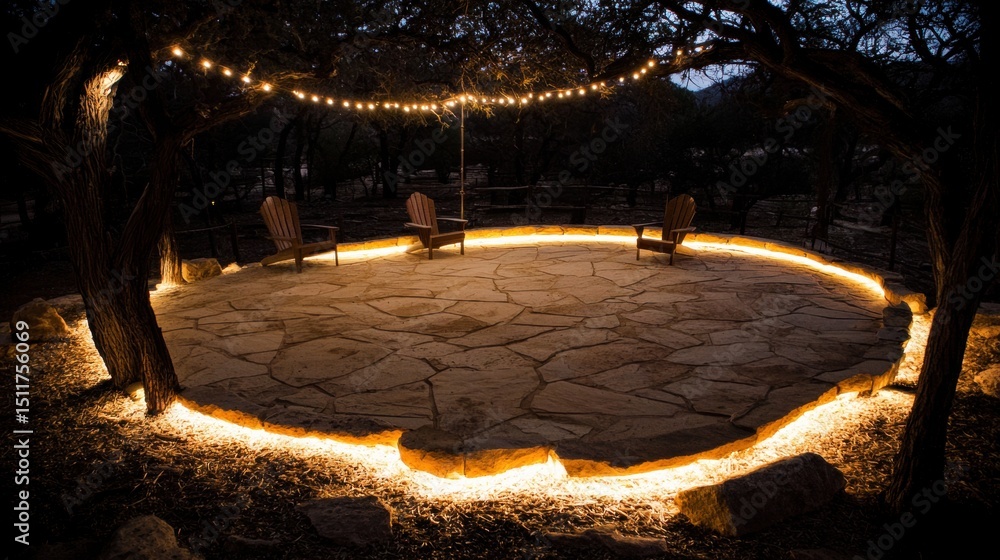 Poster A circular patio with a stone floor and two chairs is illuminated by a string of lights and surrounded by trees.