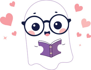 Cute Reading Ghost with Glasses and Book | Kawaii Cartoon for Kids and Halloween