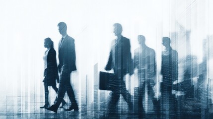 Silhouetted business people walking forward in a bright abstract urban setting.