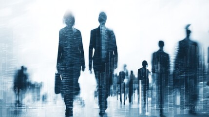 Blurred figures of people walking in a group possibly business related.