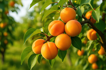 Apricots on tree in orchard with sunlit leaves and blurred green background. Great for ads, packaging, magazines, and farming blog visuals.